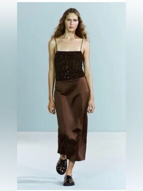 Zara Satin Midi Skirt in Deep Brown M